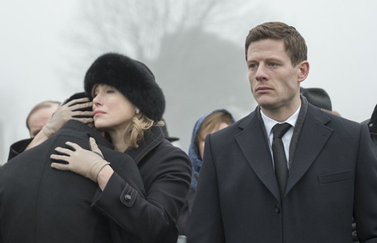WARNING: Embargoed for publication until 00:00:01 on 02/02/2017 - Programme Name: McMafia - TX: n/a - Episode: n/a (No. n/a) - Picture Shows: The image shows James Norton (War & Peace, Happy Valley) playing Alex Godman and Maria Shukshina playing his moth at 